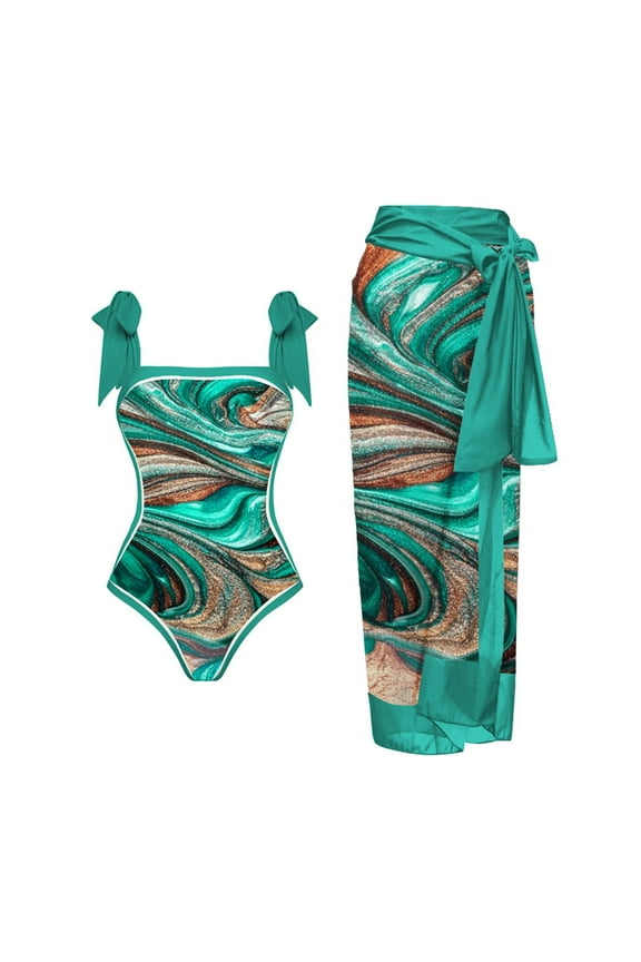 Yievot Womens Sexy 2 Piece Plus Size Swimsuits Monokini with Chiffon Long Skirt Lace Up Swim Wear Retro Printed Ruched Bathing Suit For Women 2025 Summer Holiday