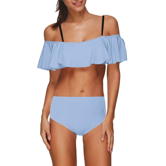 Summer Saving pimelu Bathing Suit for Women Bikini Set for Women Two Piece Swimsuits Bikini Swimsuits Cold Shoulder Ruffle Layer High Waist Swimsuits Swimsuits