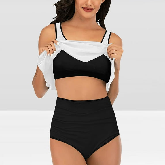 Summer Saving pimelu Bathing Suit for Women Bikini Set for Women Two Piece Swimsuits Tankini Swimsuits Beach Ruffle High Waist Shorts Modest Swimsuit Women Swimsuits