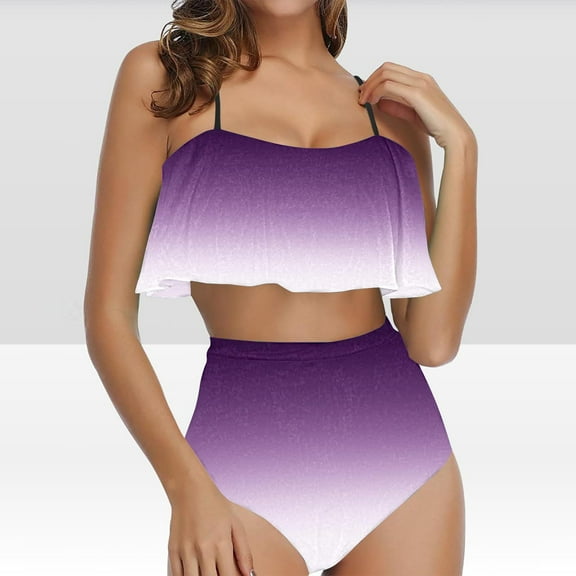 Summer Saving pimelu Bathing Suit for Women Bikini Set for Women Two Piece Swimsuits Tummy Control Swimsuit Fashion Gradient Print High Waist Strap Bathing Suit Bathing Suit for Women