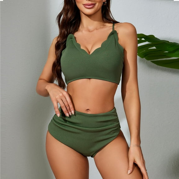 Summer Saving pimelu Bathing Suit for Women Bikini Sets for Women Two Piece Swimsuits Tummy Control Swimsuit Ladies Solid High Waist Strap Swimwear Womens Bathing Suits