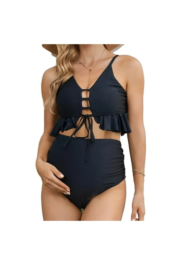 Summer Saving pimelu Bathing Suit for Women Maternity Swimsuits for Women Two Piece Swimsuits Bikini Sets Fashion Ruffle Layer Tie Front High Waist Pregnancy Swimwear Bathing Suits for Women