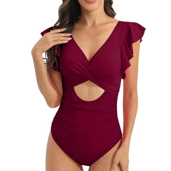 Summer Saving pimelu Bathing Suit for Women One Piece Swimsuit for Women Modest Swimsuits Monokini Swimsuits Beach Vacation Hollow out Ruffle Sleeve Tankini Bathing Suits Bathing Suits for Women