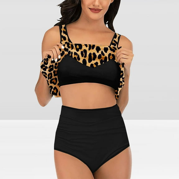 Summer Saving pimelu Bathing Suit for Women Tankini Set for Women Two Piece Swimsuits Modest Swimsuit Vintage Leopard Print High Waist Tummy Control Swimwear Swimsuits for Women