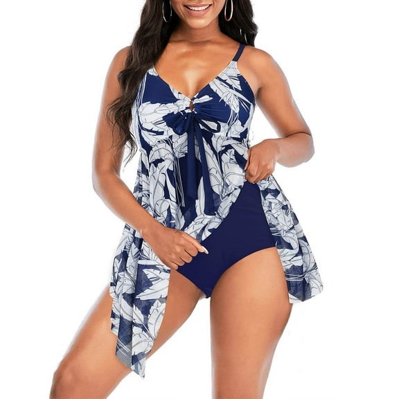 Summer Saving pimelu Bathing Suit for Women Tankini Set for Women Two Piece Swimsuits Modest Swimsuits Hollowed Leaves Print Irregular Hem High Waist Bathing Suits Womens Bathing Suits