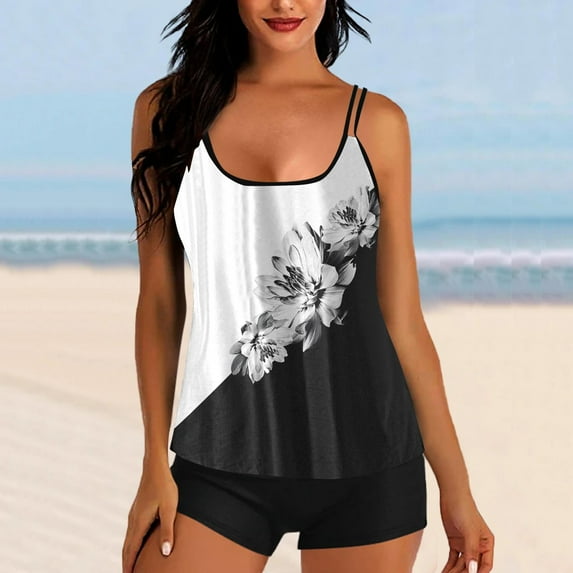 Summer Saving pimelu Bathing Suit for Women Tankini Set for Women Two Piece Swimsuits Modest Swimsuits with Shorts Fashion Floral Print High Waist Bathing Suits Bikini