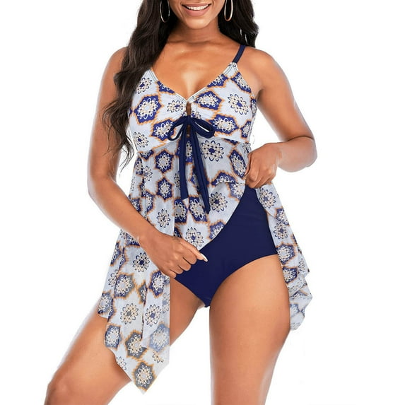 Summer Saving pimelu Bathing Suit for Women Tankini Swimsuits for Women Modest Swimsuits Two Piece Swimsuits Retro Floral Print Hollowed Irregular Hem High Waist Swimwear Women's Swimsuits