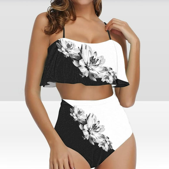Summer Saving pimelu Bathing Suit for Women Two Piece Swimsuits for Women Bikini Set Bikini Fashion Floral Print High Waist Strap Bathing Suits Swimsuit Women