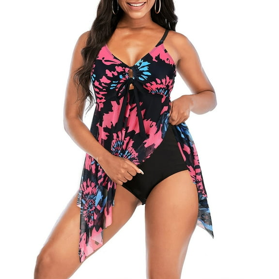 Summer Saving pimelu Bathing Suit for Women Two Piece Swimsuits for Women Tankini Swimsuits Modest Swimsuits Hollowed Tie Die Print Irregular Hem High Waist Swimsuits Bathing Suits for Women