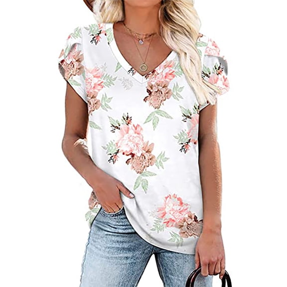 Summer Saving pimelu USSUMA T-Shirts for Women Trendy Solid Color Cute Petal Sleeve Loose Womens Blouses and Tops Dressy Casual Summer V Neck Short Sleeve Tshirts Shirts Tunic for Women