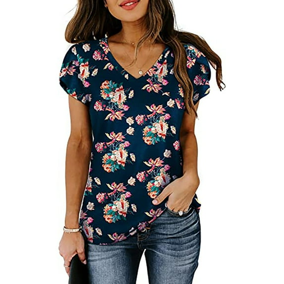 Summer Saving pimelu USSUMA T-Shirts for Women Trendy Solid Color Cute Petal Sleeve Loose Womens Blouses and Tops Dressy Casual Summer V Neck Short Sleeve Tshirts Shirts Tunic for Women
