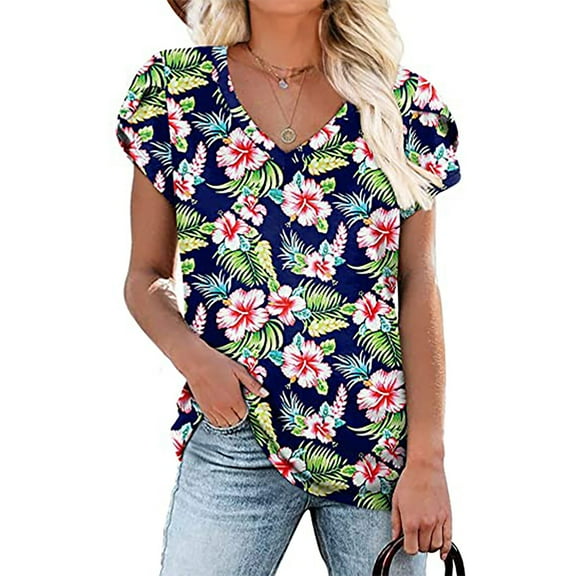 Summer Saving pimelu USSUMA T-Shirts for Women Trendy Solid Color Cute Petal Sleeve Loose Womens Blouses and Tops Dressy Casual Summer V Neck Short Sleeve Tshirts Shirts Tunic for Women