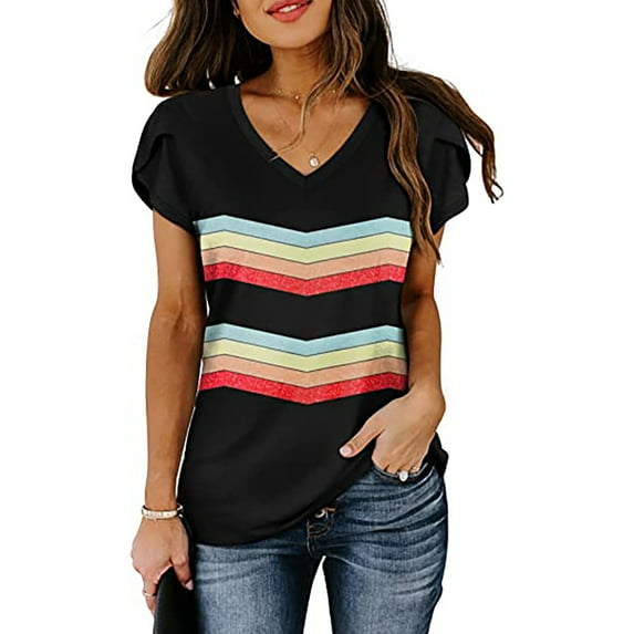 Summer Saving pimelu USSUMA T-Shirts for Women Trendy Solid Color Cute Petal Sleeve Loose Womens Blouses and Tops Dressy Casual Summer V Neck Short Sleeve Tshirts Shirts Tunic for Women