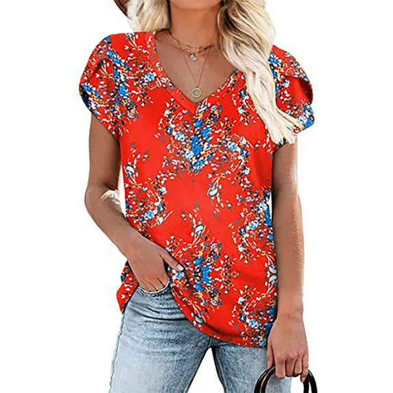 Summer Saving pimelu USSUMA T-Shirts for Women Trendy Solid Color Cute Petal Sleeve Loose Womens Blouses and Tops Dressy Casual Summer V Neck Short Sleeve Tshirts Shirts Tunic for Women