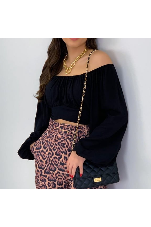 "Summer Saving pimelu Women Tops Dressy Casual Long Sleeve,Women's Cute Off Shoulder Long Sleeve Crop Tube Top Blouse Solid Color Strapless Puffy Sleeve T-Shirts Fall Female"