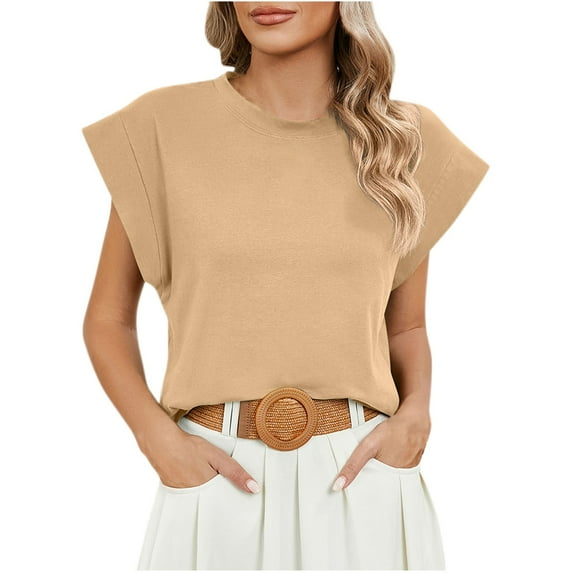 Summer Savinghs KIHOUT Summer Tops for Women, Womens Tank Tops Summer T Shirts Round Neck Sleeveless Casual Loose Blouses (Khaki L)