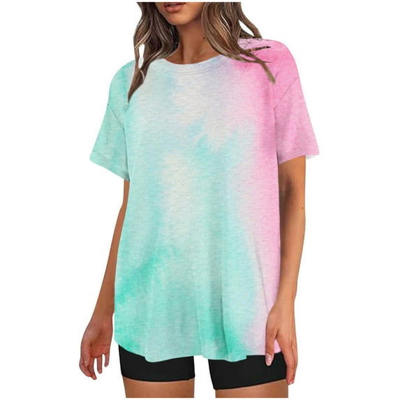Summer Savings! 2 Piece Sets for Women Fashion Casual Gradient Print Crewneck Short Sleeve Oversized T Shirt Drop Shoulder Tops And Shorts Sets