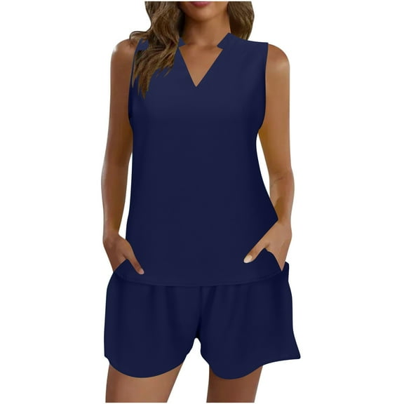 2 Piece Sets for Women Fashion Casual Solid Color Sleeveless V-neck Casual Loose Top Shorts Set