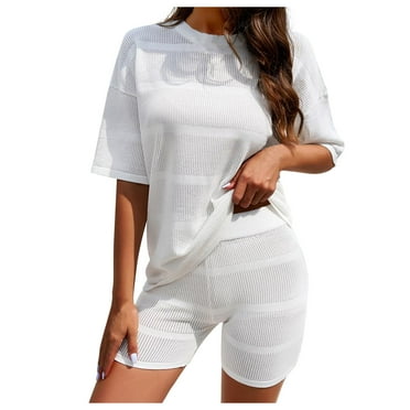 Summer Savings! 2 Piece Sets for Women Fashion New Round Neck Casual Solid Color Short Sleeved Sweater Short Sleeved Set