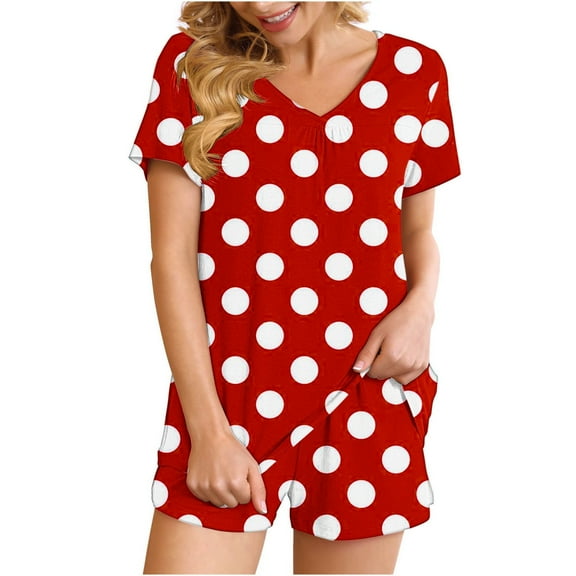 2 Piece Sets for Women Fashion Polka Casual Home Two-piece V-neck Top With Pocket Shorts Set