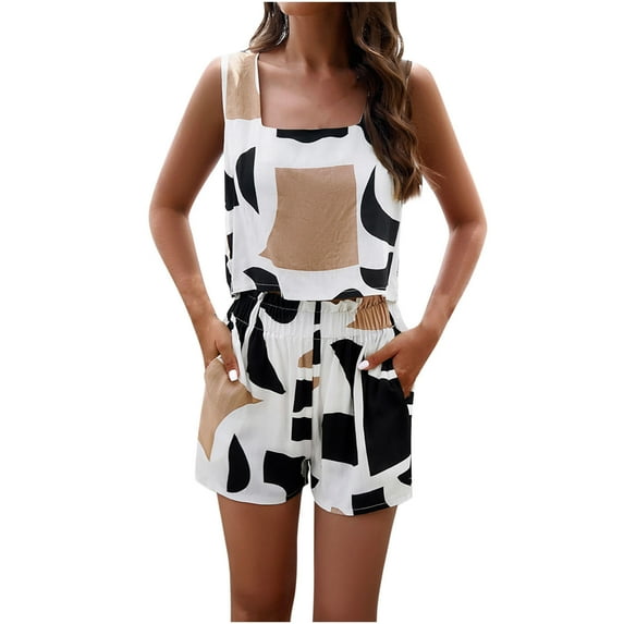 2 Piece Sets for Women Fashion Print Sleeveless+Short Pants Sport Pullover Leisure Set