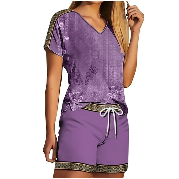 2 Piece Sets for Women Fashion V-Neck Shorts Sleeve Two-piece Comfortable Home Pajamas Set Sports Set