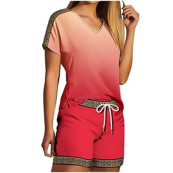 2 Piece Sets for Women Fashion V Neck Shorts Sleeve Two-piece Comfortable Home Pajamas Set Sports Set