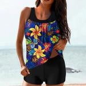 2 Piece Tankini Swimsuit with Shorts for Women Crew Neck Sleeveless Tank Top High Waisted Bottoms Summer Floral Swimwear