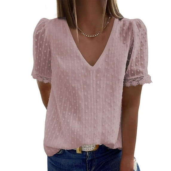Summer Savings 2023! AKAFMK FY24 Spring Tops for Womens,Fashion Women Casual Solid Short Sleeve V-Neck Lace T-Shirt Blouse Tops Pink XL