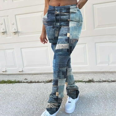 Summer Savings 2023! Zpanxa Womens Casual Loose Wide Leg Cozy Pants Yoga Sweatpants Jeans Printed Trousers Strap Long Pants Sports Athletic Lounge Pants with Pockets Blue L