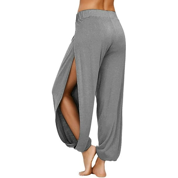 Zpanxa Womens Long Side Slit Loose Harem Yoga Pants Casual Solid Hollow Elastic Waist Workout Sports Wide Leg Pants Trousers Elegant Flare Leg Long Pants Gray S