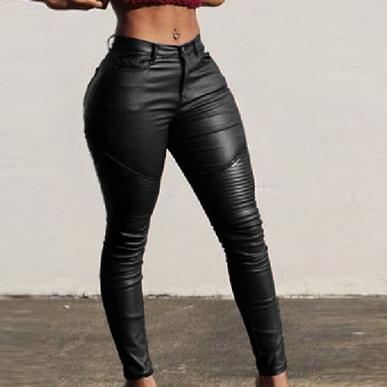 Summer Savings 2023! Zpanxa Womens Solid Pleated Leather Pants Trousers  Tight-Fitting Stretch Leggings Pants Leather Pants for Women High Waisted  Sports Athletic Pants Black S 