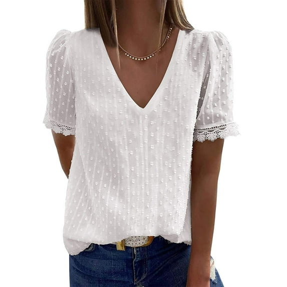 Summer Savings 2024! AKAFMK FY24 Spring Tops for Womens,Fashion Women Casual Solid Short Sleeve V-Neck Lace T-Shirt Blouse Tops White M
