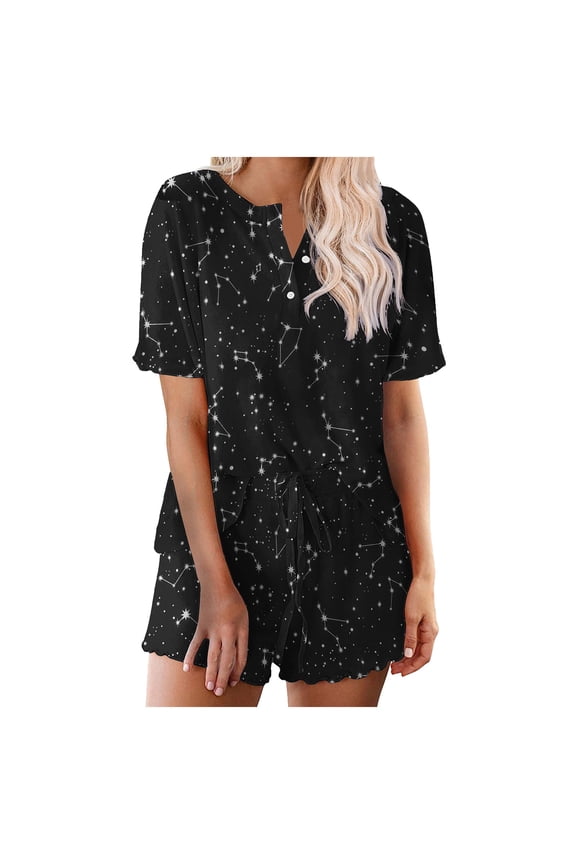Lounge Sets for Women 2 Piece Star Print Outfits Short Sleeve Button Down Top and Drawstring Ruffle Hem Shorts Pajama Sets Tracksuit Sweatsuits