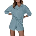 thumbnail image 1 of Abomasnow Lounge Sets for Women 2 Piece Ribbed Knit Pajama Outfits Casual Long Sleeve Lapel Tops and Drawstring Shorts, 1 of 5