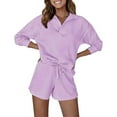 thumbnail image 1 of Abomasnow Lounge Sets for Women 2 Piece Ribbed Knit Pajama Outfits Casual Long Sleeve Lapel Tops and Drawstring Shorts, 1 of 5