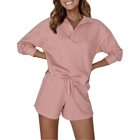 Abomasnow Lounge Sets for Women 2 Piece Ribbed Knit Pajama Outfits Casual Long Sleeve Lapel Tops and Drawstring Shorts