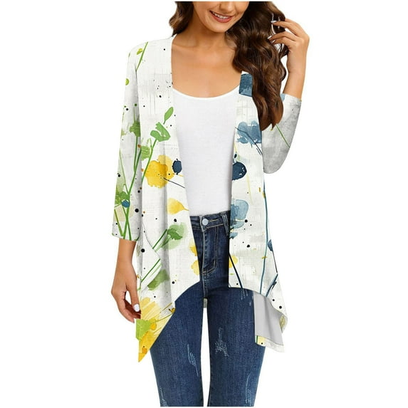 Summer Savings 2024,Abomasnow Summer Cardigans for Women Long Sleeve Floral Print Outwear Lightweight Open Front Irregular Hem Kimono Cover Ups