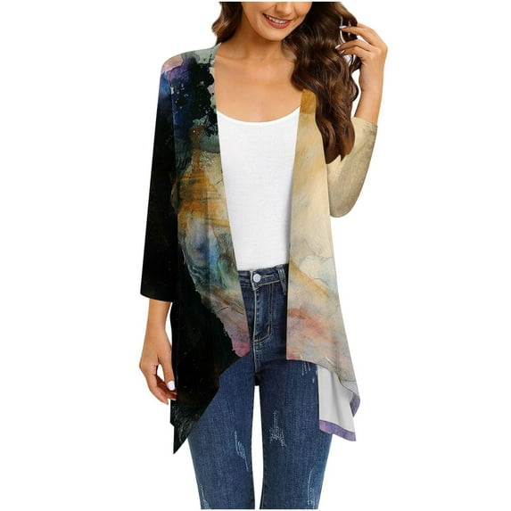 Summer Savings 2024,Abomasnow Summer Cardigans for Women Long Sleeve Floral Print Outwear Lightweight Open Front Irregular Hem Kimono Cover Ups