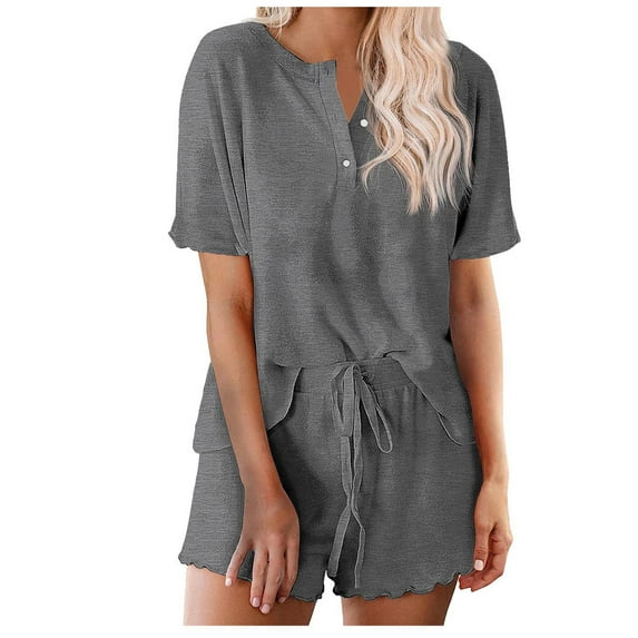 Abomasnow Two Piece Lounge Sets for Women Lightweight Short Sleeve Button Down T-Shirts with Drawstring Ruffle Hem Shorts S-2XL