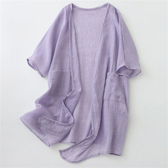 Abomasnow Womens Ultra-Thin Cotton Kimono Cardigans Summer Lightweight Short Sleeve Open Front Long Outwear with Pockets