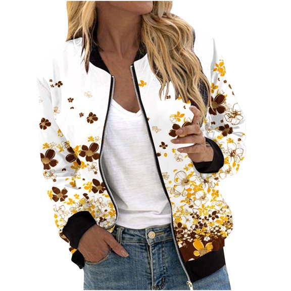 Summer Fashion Olyvenn Women's Floral Bomber Jacket Long Sleeve Zipper Printed Lightweight Outerwear Yellow 6