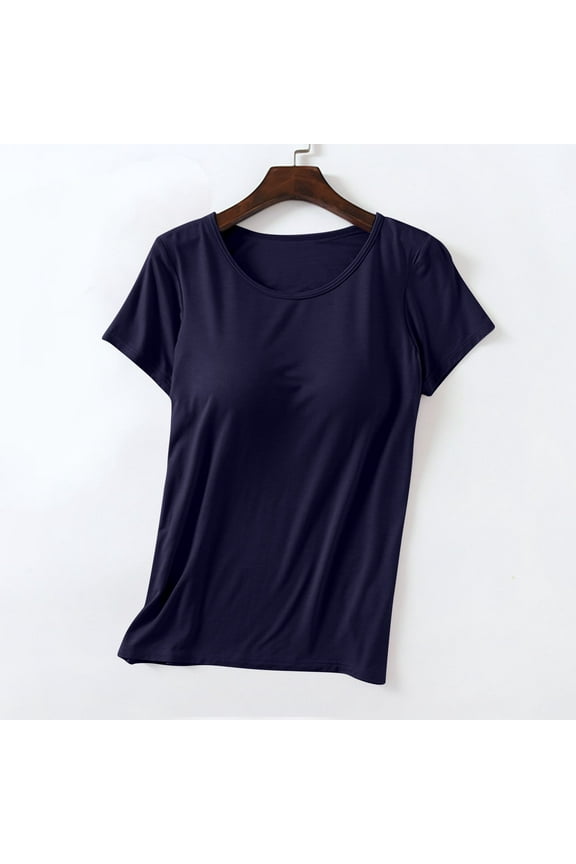 Summer Tops for Women Modal Built-in-Bra T-Shirts Crew Neck Wireless Short Sleeve Tee Tops Plus Size Blouses with Chest Pad