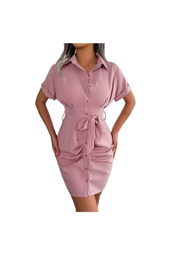 Summer Stylish 2024 SMihono Women Solid Shirt Dress Summer Lapel Short Sleeve Ruffle Bodycon Belted Mini Dress Office Lady Casual Party Dresses Vestidos Mujer Pink 4