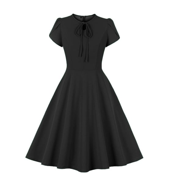 Summer Savings 2024 SMihono Women's Vintage 1950s Style Casual Cap Sleeve Tie Neck Plain A-Line Swing Dress Short Sleeve Round-Neck Dress Black 12