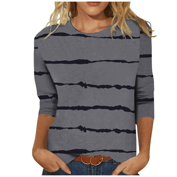 Summer Savings 2024 TAGOLD Summer Tops for Womens,Womens Summer Tops, Women's Fashion Printed Loose T-shirt Mid-length 3/4 Sleeves Blouse Round Neck Casual Tops Gray XXL