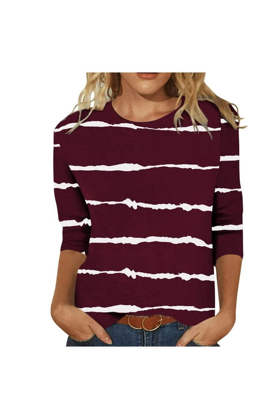 Summer Tops for Womens,Womens Summer Tops, Women's Fashion Printed Loose T-shirt Mid-length 3/4 Sleeves Blouse Round Neck Casual Tops Wine M