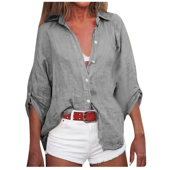 Summer Savings 2024! TAGOLD Womens 3/4 Long Sleeve Summer Tops, Fashion Women Casual Solid Turn-Down Neck Cardigan Long Sleeve Loose T-Shirt Autumn Blouse Button Tops