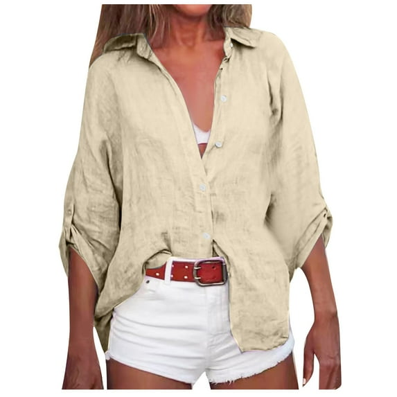 Summer Savings 2024! TAGOLD Womens 3/4 Long Sleeve Summer Tops, Fashion Women Casual Solid Turn-Down Neck Cardigan Long Sleeve Loose T-Shirt Autumn Blouse Button Tops