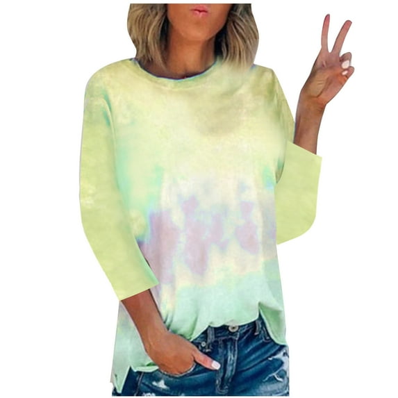 TAGOLD Womens 3/4 Long Sleeve Summer Tops, Fashion Women's Summer Round-Neck 3/4 Sleeve Print Casual Outing Blouses Tops